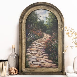 Cottage Garden Art in Arched Wood Frame | Farmhouse Botanical Wall Decor | Wildflower Field Art | Rustic Flower Farm | Cottagecore