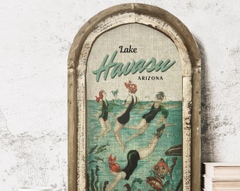 Lake Havasu Wall Art | Arizona Travel Poster | Coastal Wall Decor | Lake Wall Art | Handmade Wood & Linen Wall Art |