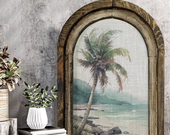 Coastal Palm Tree Wall Decor | Wall Art | Bathroom Wall Decor | Linen & Wood Wall Hanging | Watercolor Framed Artwork | Florida Decor