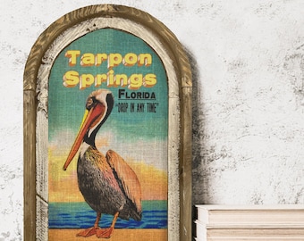 Tarpon Springs, Florida Wall Art | Florida Postcard | Coastal Wall Decor | Pelican Wall Art | Beach House | Wood & Linen Wall Art |