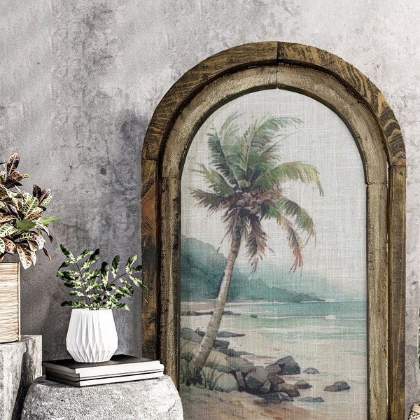 Coastal Palm Tree Wall Decor | Wall Art | Bathroom Wall Decor | Linen & Wood Wall Hanging | Watercolor Framed Artwork | Florida Decor