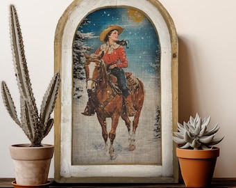 Winter Equestrian Framed Art Print | Arch Framed Linen Wall Art | Horse Riding in Snowy Landscape | Christmas Gift | Rustic Holiday Decor |