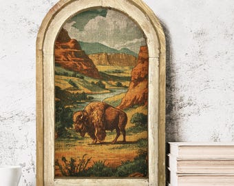 American Bison Wall Art | Linen Print in Wooden Window Frame