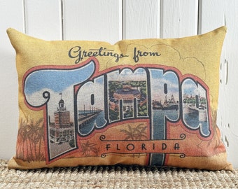 Tampa Bay Lumbar Pillow |  Tampa, Florida Postcard Decor | Coastal Throw Pillow | Linen Pillow | 18" W x 12" H |