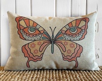 Butterfly Throw Pillow | Eclectic Decor | Linen Lumbar Pillow | Hippy Pillow | Bohemian | Minimalist Decor | 18" W x 12" H |