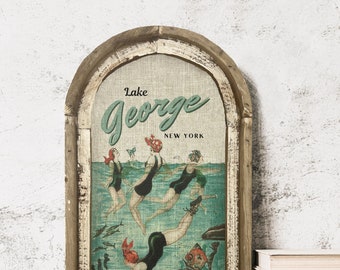 Lake George Wall Art | New York Travel Poster | Coastal Wall Decor | Lake Wall Art | Handmade Wood & Linen Wall Art |