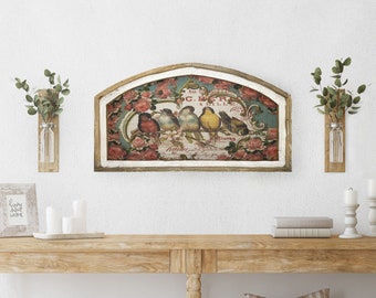 Birds & Roses Wall Art | 20" x 36" | Floral Arched Wall Decor | Farmhouse Wall Art | Spring Shabby Chic