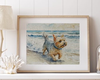 Yorkshire Terrier Linen Art Print | Coastal Decor | Bathroom Wall Art | UNFRAMED Linen Print |