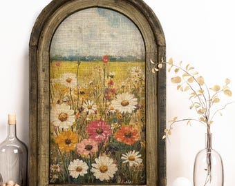 Rustic Neutral Flower Art in Arched Wood Frame | Farmhouse Botanical Wall Decor | Cozy Christmas Gift | Rustic Flower Farm