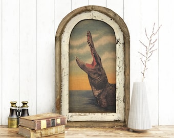 Alligator Wall Art | 14" x 22" | Arch Window Frame | Linen Wall Hanging | Coastal Decor |