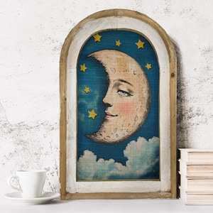 Tarot Moon with Face Art | Eclectic Cottagecore Wall Decor in Arched Wood Frame | Mystical Christmas Gift | Boho Decor | Stars and Moon Art
