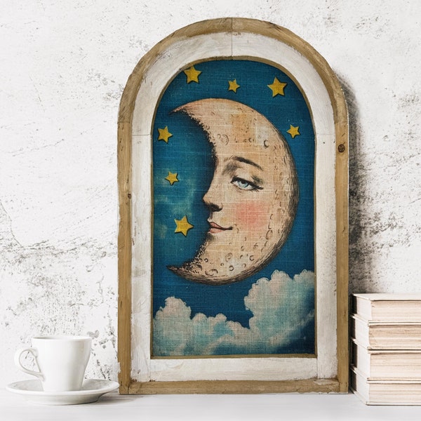 Tarot Moon with Face Art | Eclectic Cottagecore Wall Decor in Arched Wood Frame | Mystical Christmas Gift | Boho Decor | Stars and Moon Art