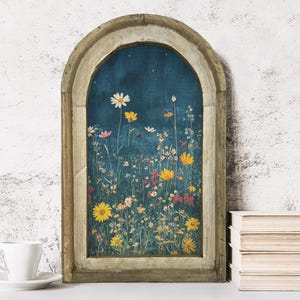 Moody Flower Art in Arched Wood Frame | Farmhouse Botanical Wall Decor | Wildflower Field Art | Rustic Flower Farm