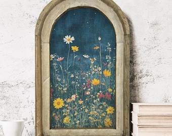 Moody Flower Art in Arched Wood Frame | Farmhouse Botanical Wall Decor | Wildflower Field Art | Rustic Flower Farm