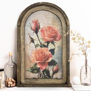 Rose Wall Art in Arched Wood Frame | Farmhouse Botanical Wall Decor | Wildflower Field Art | Rustic Flower Farm | Cottagecore