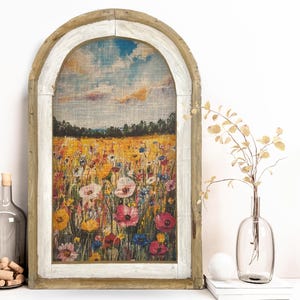 Colorful Floral Wall Decor | Farmhouse Decor | Arch Window Frame | Landscape Linen Wall Hanging |