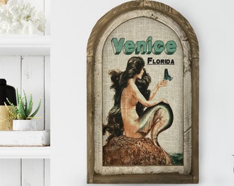 Venice, Florida Wall Art | Florida Postcard | Coastal Wall Decor | Mermaid Wall Art | Beach House | Wood & Linen Wall Art |