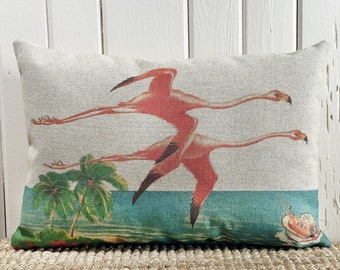 Flamingos Lumbar Pillow | Florida Postcard Decor | Coastal Throw Pillow | Linen Pillow | 18" W x 12" H |