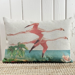 Flamingos Lumbar Pillow | Florida Postcard Decor | Coastal Throw Pillow | Linen Pillow | 18&quot; W x 12&quot; H |