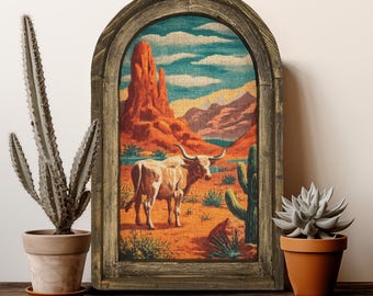 Longhorn Wall Art | Western Linen Print in Handmade Wooden Frame