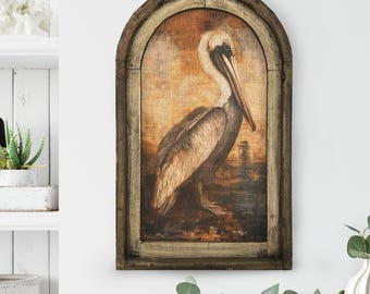 Pelican Wall Art | Coastal Wall Decor | Linen & Distressed Wood Wall Hanging | Bathroom Decor | Florida Decor