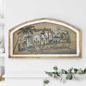 Florida Postcard Wall Art | 20" x 36" | Coastal Arched Wall Decor | Nautical Wall Art | Greetings From FL