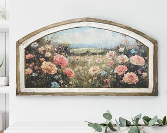 Wildflower Landscape Wall Art | 36" x 20" | Floral Arched Wall Decor | Neutral Wall Art | Boho | Delicate Florals