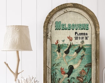 Melbourne, Florida Wall Art | Florida Postcard | Coastal Wall Decor | Mermaid Wall Art | Beach House | Wood & Linen Wall Art |