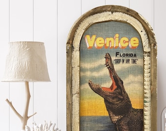 Venice, Florida Wall Art | Florida Postcard | Coastal Wall Decor | Alligator Wall Art | Gator | Wood & Linen Wall Art |