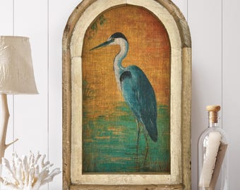 Heron Wall Decor | Coastal Wall Decor | Linen & Distressed Wood Wall Hanging | Watercolor Framed Artwork | Florida Decor