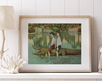 Alligator Linen Art Print | Coastal Decor | FL Postcard Wall Art | UNFRAMED Linen Print |