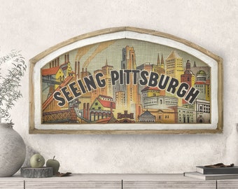 Pittsburgh Wall Art | 20" x 36" | Pennsylvania Arched Wall Decor | City Wall Art | Linen + Wood Wall Art |