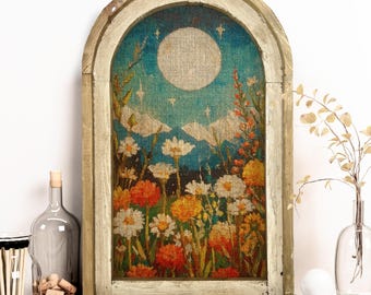 Moonlit Flowers Wall Art, Handmade Wooden Arch Frame, Rustic Linen Print, Farmhouse Decor