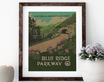 Blue Ridge Parkway Linen Print for Framing, Road Trip Wall Art