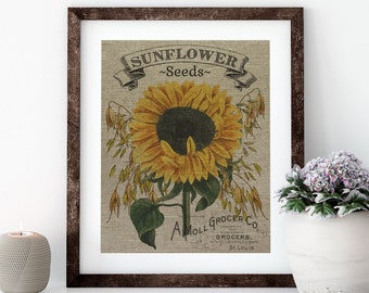 Sunflower Seeds Linen Print for Framing, Seed Label Artwork
