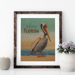 Florida Pelican Linen Print for Framing, Florida Artwork