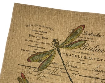 Dragonfly Burlap Fabric, Printed Fabric Panel for Upholstery and Framing