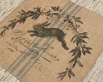 Rabbit Grainsack Burlap Panel, Reproduction Printed Fabric