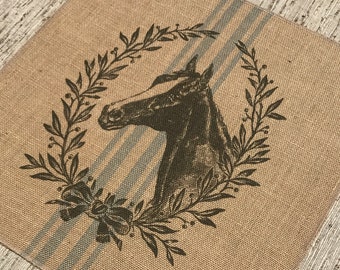 Horse Grainsack Burlap Panel, Reproduction Printed Fabric