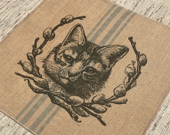 Cat Grainsack Burlap Panel, Reproduction Printed Fabric