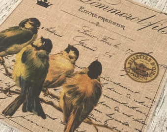 Brown Birds Burlap Panel, Rustic Printed Fabric