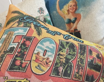 Florida Postcard Pillow | Greetings From Florida Decor | Coastal Throw Pillow | Lumbar | 18" W x 12" H |