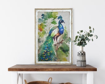 Peacock Wall Art | 24" x 36" | Solid Wood Frame | French Country Decor | Country Farmhouse Decor |