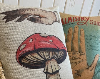 Mushroom Throw Pillow | Eclectic Decor | Mystical Hands | Bohemian | 18" W x 12" H |
