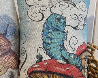 Blue Caterpillar Throw Pillow | Eclectic Decor | Mushroom Pillow | Bohemian | 18" W x 12" H |