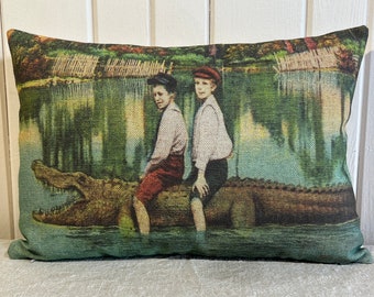 Alligator Throw Pillow | Florida Postcard Decor | Gator Throw Pillow | Linen & Cotton Blend | 18" W x 12" H |