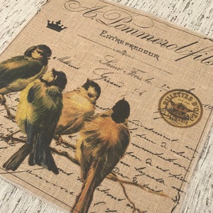 Brown Birds Burlap Panel, Rustic Printed Fabric