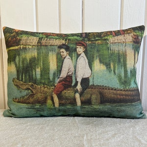 Alligator Throw Pillow | Florida Postcard Decor | Gator Throw Pillow | Linen & Cotton Blend | 18&quot; W x 12&quot; H |