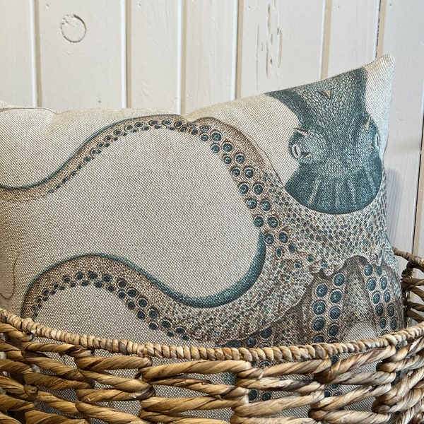 Octopus Throw Pillow | Coastal Decor | Nautical Cushion | Linen & Cotton Blend |