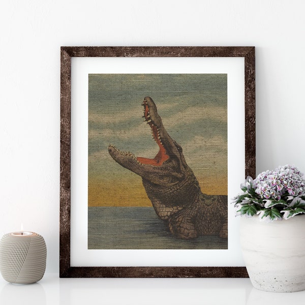 Alligator Postcard Linen Print for Framing, Florida Artwork